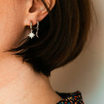 boucle d oreille lune et etoile asymetriques et argentees avec deux anneaux et leurs pendentif portees oreille gauche sia