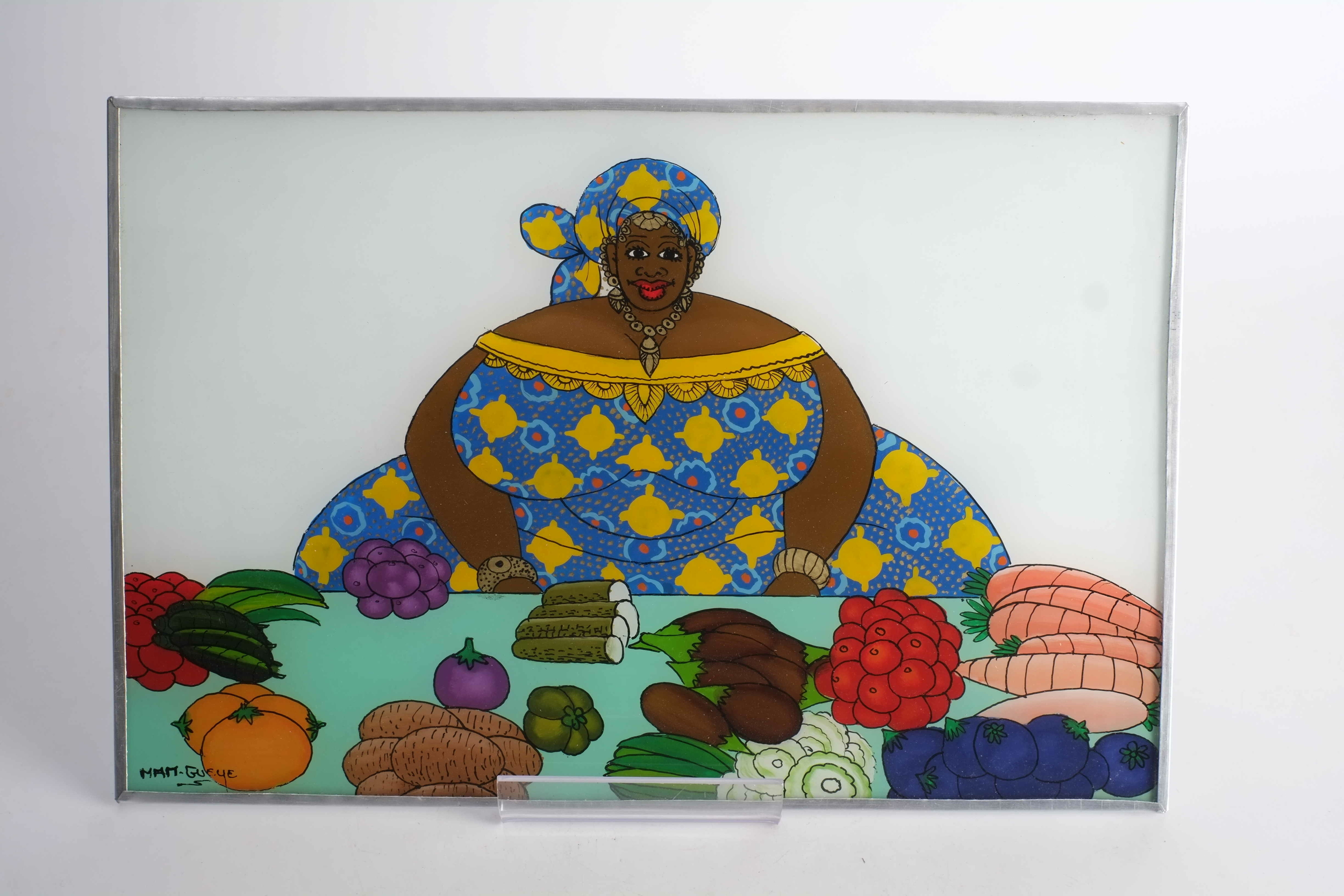 Tableau de femme au marché en fixé sous verre du Sénégal