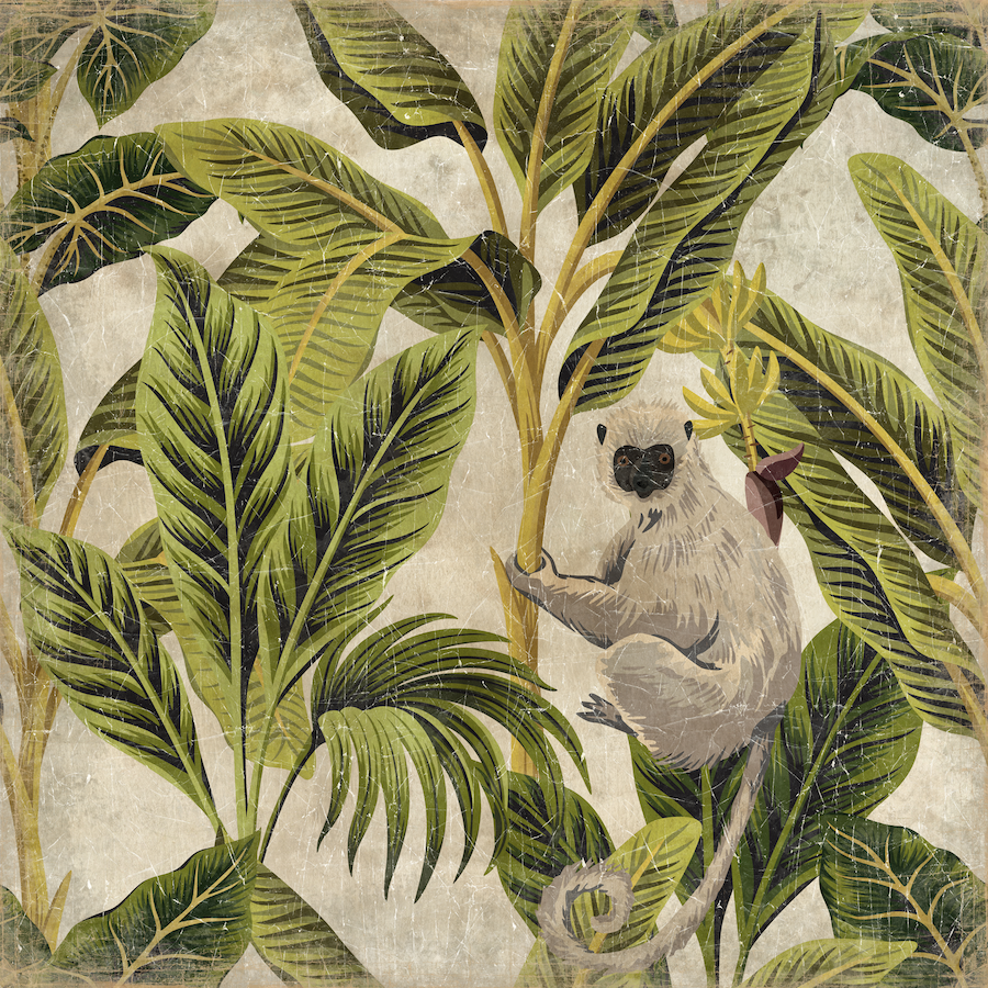 Tableau au décor ouistiti feuilles - papier froissé marouflé sur cadre bois