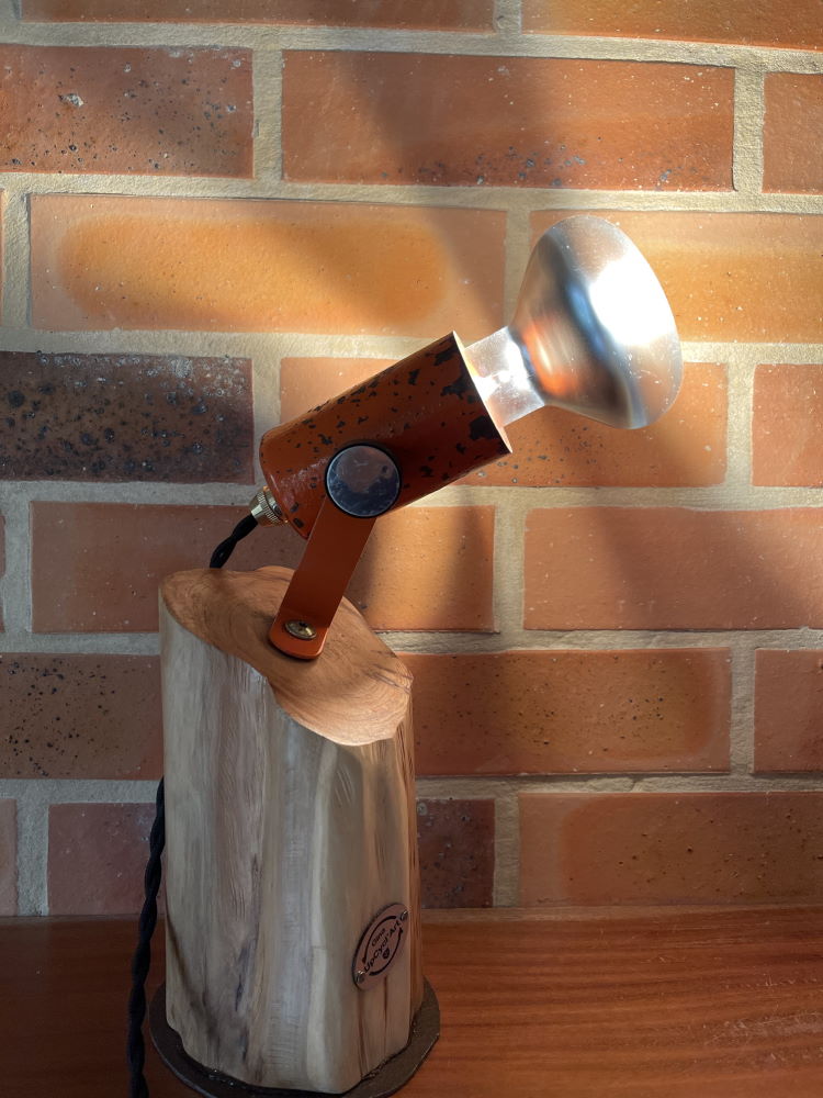 Lampe Upcyclée surcyclée Spot Orange sur socle bois (13)