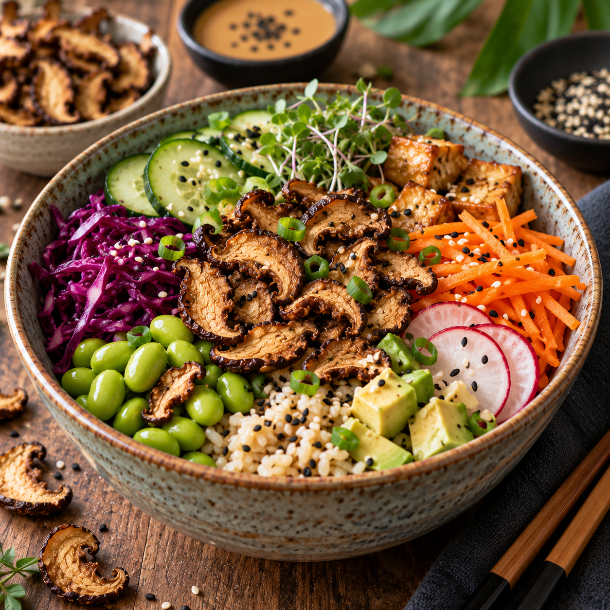 Poke bowl vegan aux shiitakes crispy