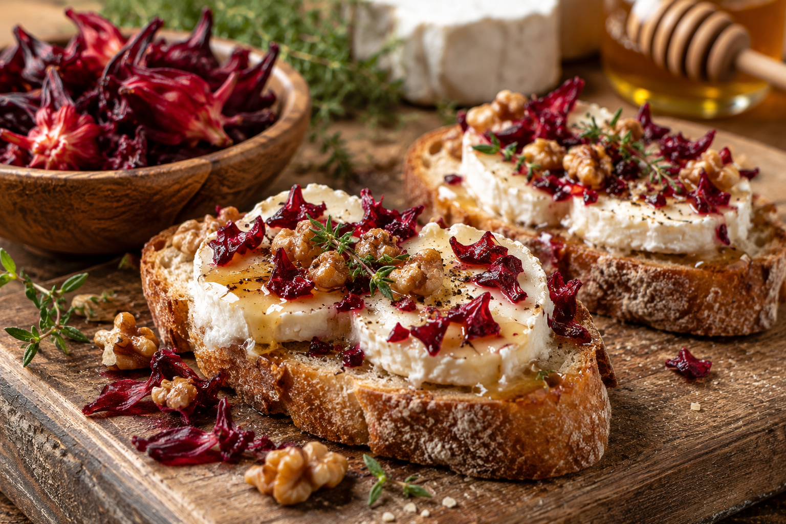 Tartine de chêvre chaud aux fleurs dhibiscus cristallisées