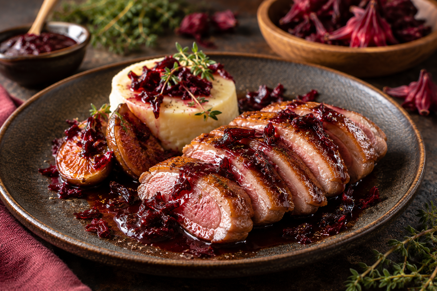 Magret de canard aux fleurs dhibiscus cristallisées