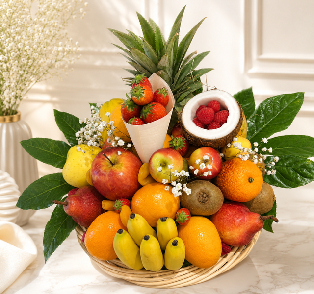 Corbeille de fruits naissance 5 kilos exotique & saison avec peluche