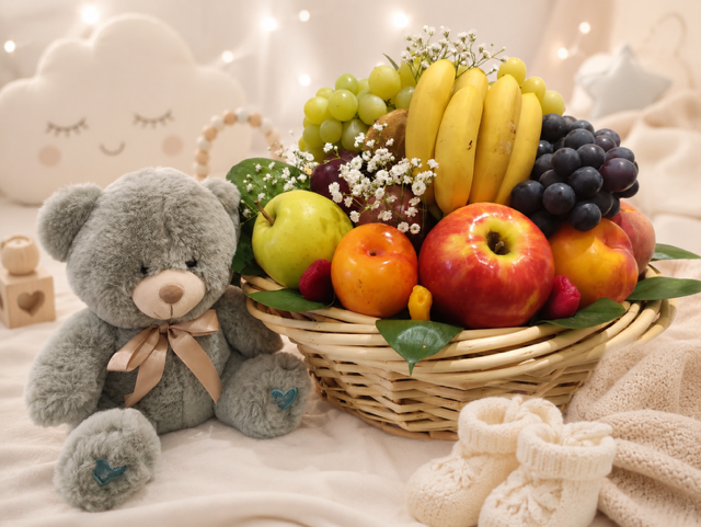 Corbeille de fruits naissance 3 kilos saison avec peluche