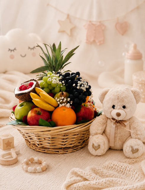 Corbeille de fruits naissance 3 kilos exotique & saison avec peluche
