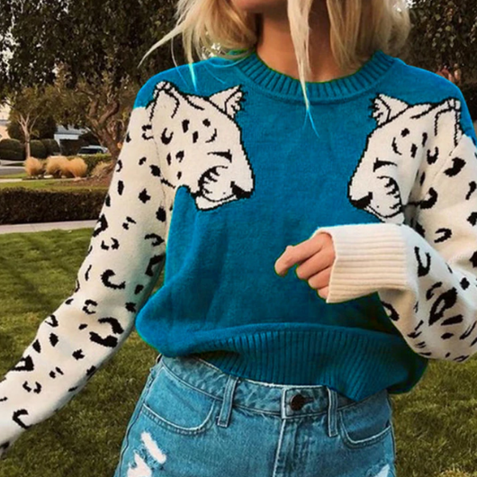 Pull sweat bleu canard lion leopard dessin mode femme automne hiver 2020 en ligne