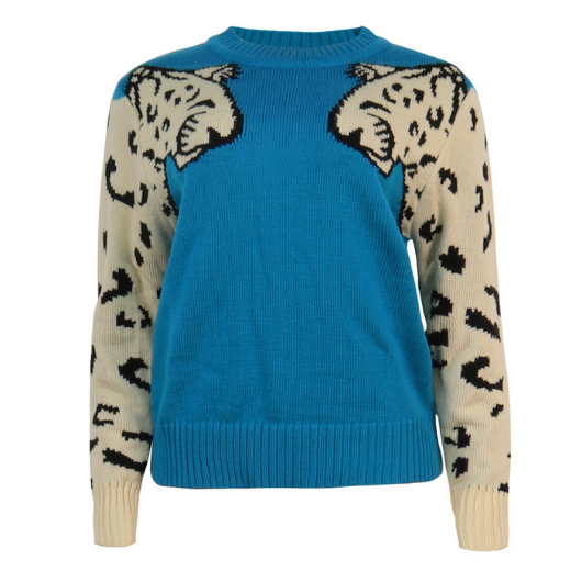 Pull sweat bleu canard lion leopard dessin mode femme automne hiver 2020 en ligne la selection parisienne