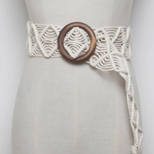 ceinture de taille tressée blanche à boucle ronde en bois pour femme en ligne