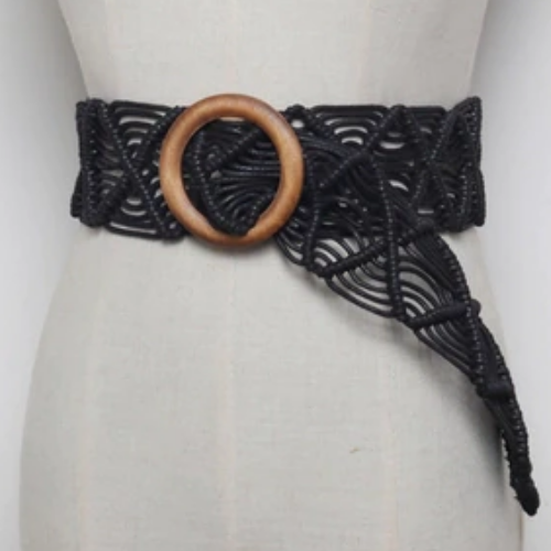 ceinture de taille tressée noire à boucle ronde en bois pour femme