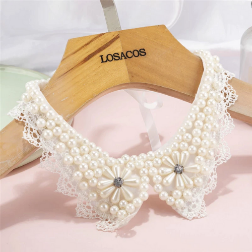 collier faux col claudine tendance à perles et strass nacrées blanc