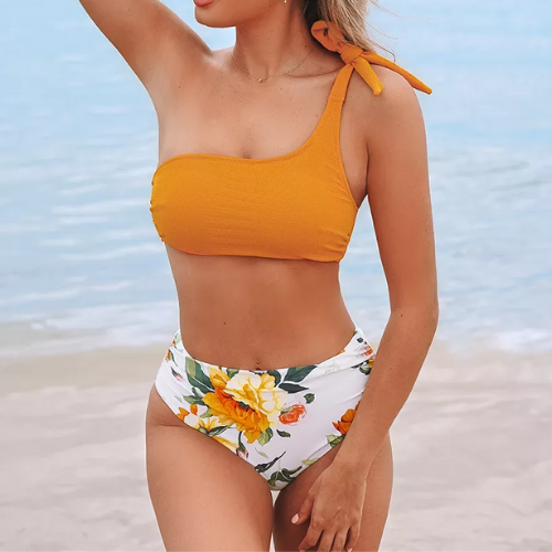 bikini asymétrique imprimé fleuri jaune femme pas cher