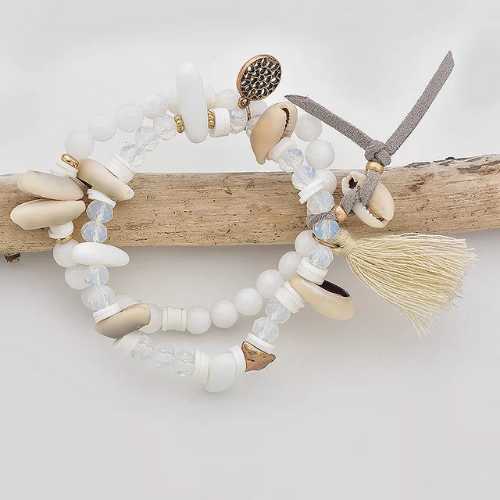 bracelet perle pompon blanc naturel bijou bohème chic
