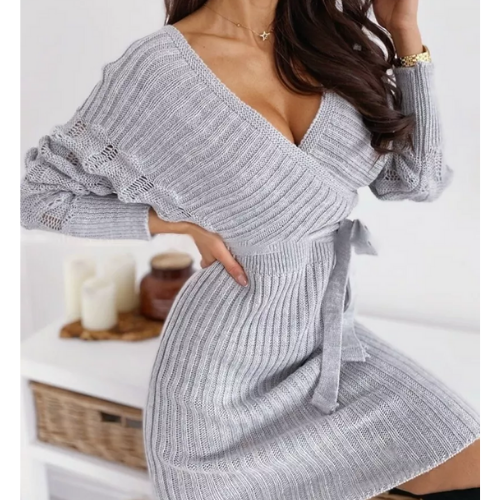 robe grise courte portefeuille en laine femme sexy chic
