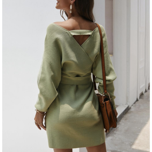 robe pull croisée portefeuille courte verte femme dos nu