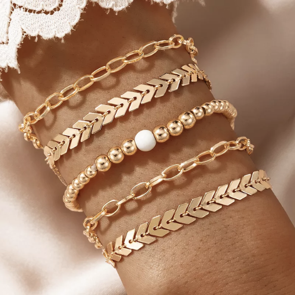 set multi bracelets dorés bohème chic feuille d'or