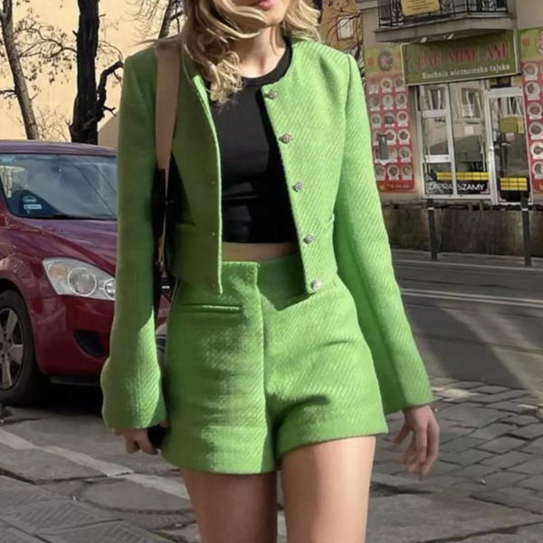 tailleur veste short tweed vert femme chic tendance