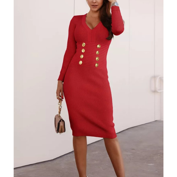 robe pull chic en laine à boutons dorés rouge moulante