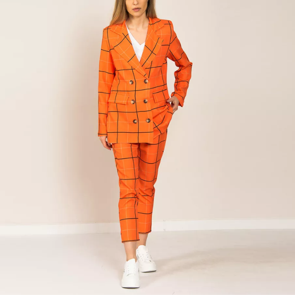 ensemble blazer pantalon chic femme orange à carreaux vintage