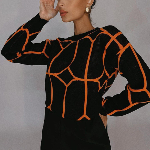 pull chic noir orange imprimé femme