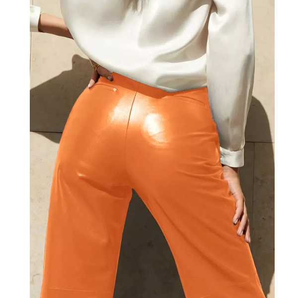 pantalon en cuir orange évasé taille haute  mode femme