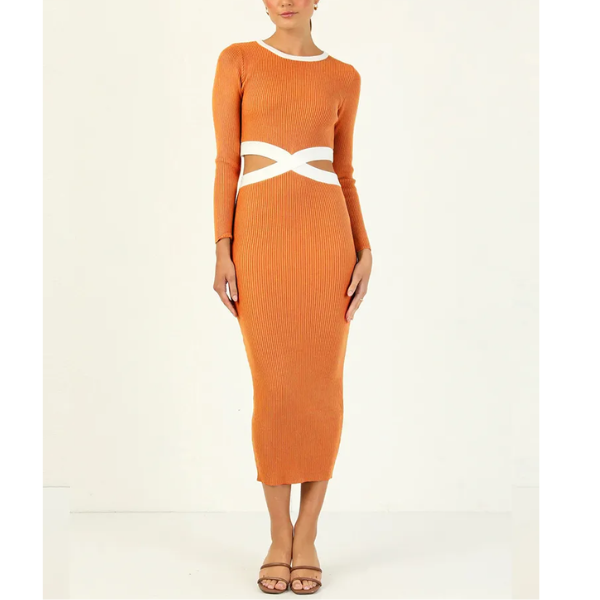 robe longue moulante ajourée à manches longues orange femme