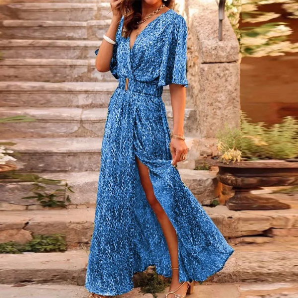 robe longue imprimée bleue