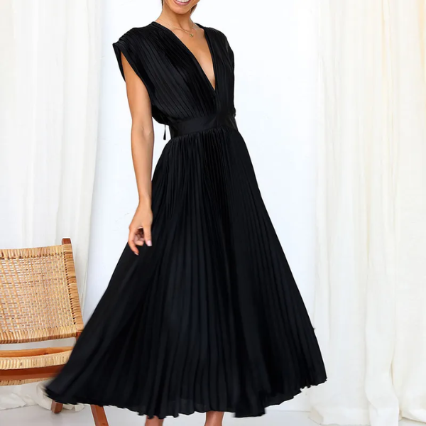 robe plissée en satin noir pour occasions spéciales femme