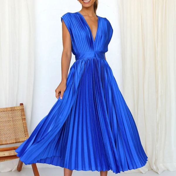 robe plissée en satin bleu roi pour occasions spéciales femme