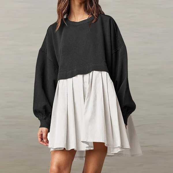Mini robe plissée patchwork à manches longues noir et blanc pour femme