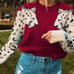 Pull sweat rouge lion leopard dessin mode femme automne hiver 2020 en ligne