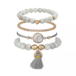 set bracelets multiples perles blanc gris pompon bohème bijou fantaisie