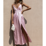 robe longue à bretelles rose satin multicolore fendue femme chic invitée