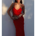 robe longue rouge à bretelles  événement mariage occasion pas chère