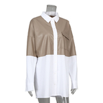 Chemisier-Patchwork-en-cuir-PU-pour-femmes-ample-poches-coton-chemise-longue-blanche-chemisiers-et-Tops