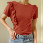 t-shirt basique rouge brique à volants femme
