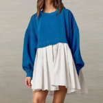 Mini robe plissée patchwork à manches longues bleu blanc pour femme