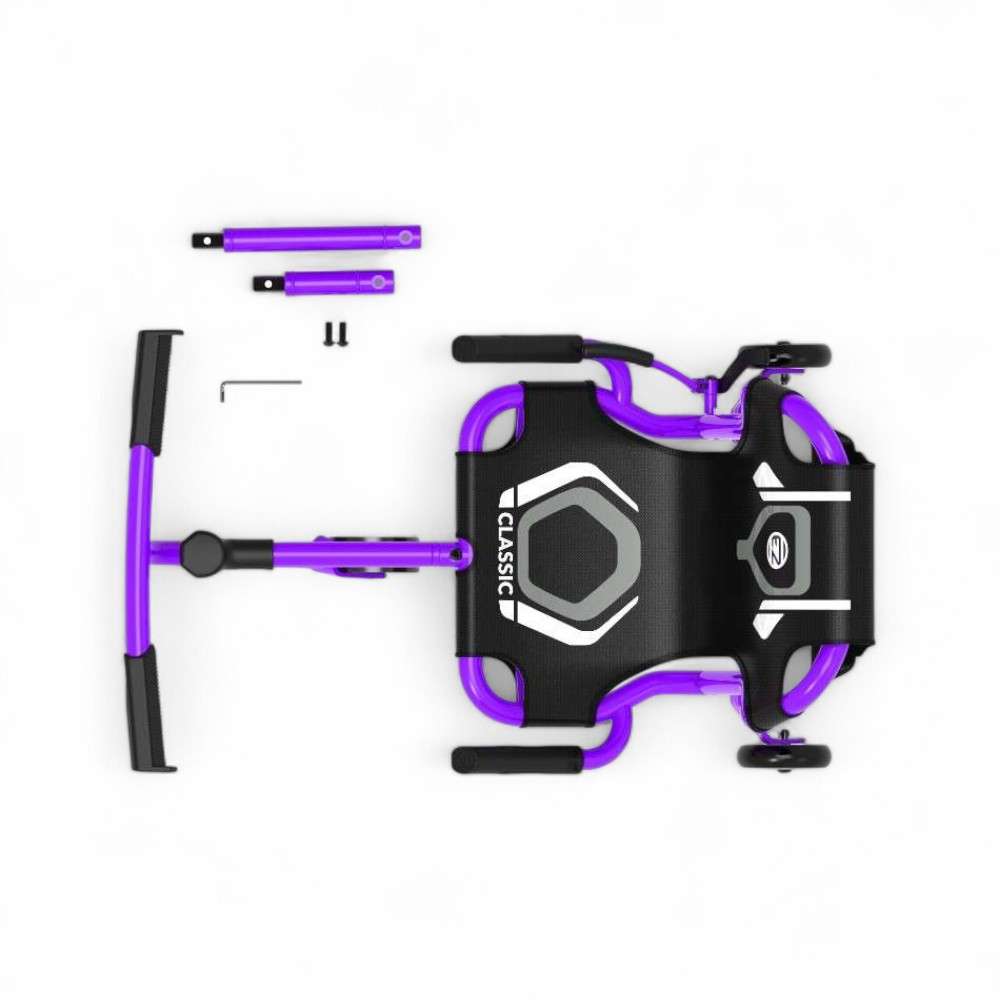 Vue d’ensemble du Ezyroller Classic X violet, kart sans pédales pour enfants avec châssis acier et siège ergonomique.