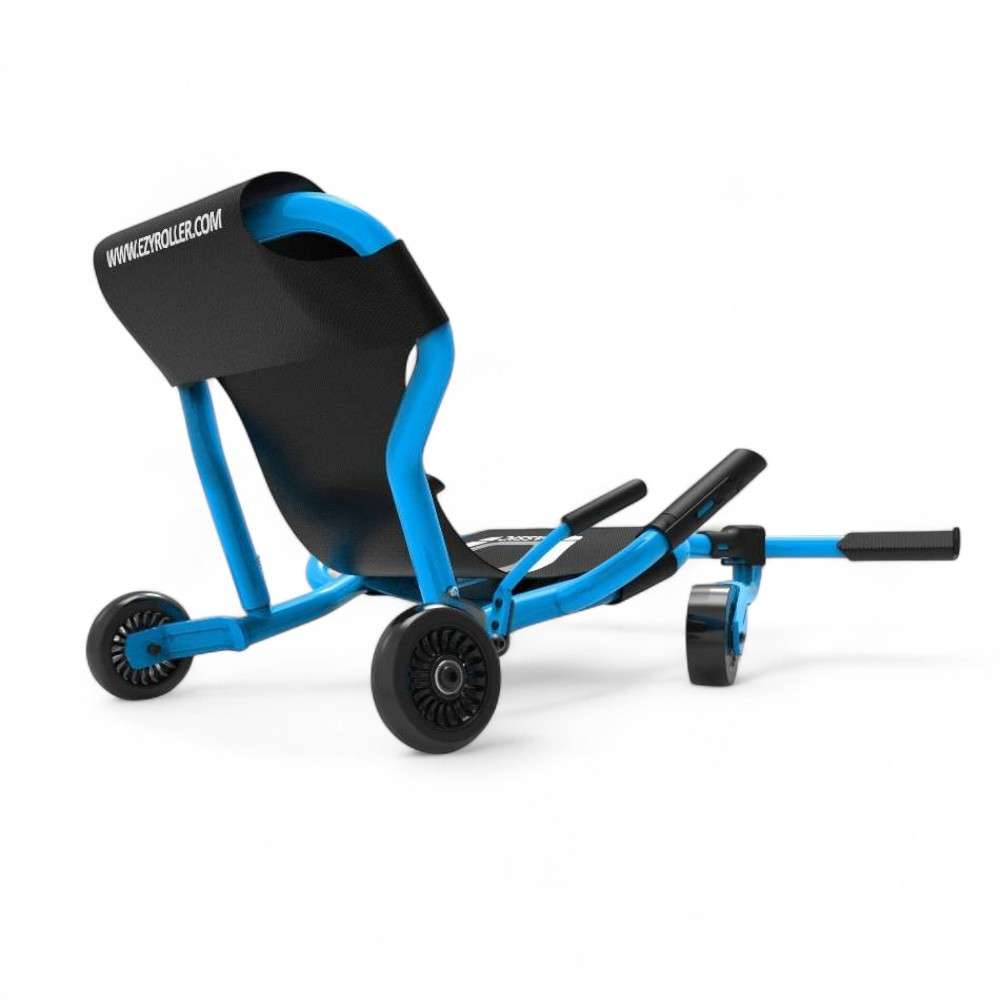 Ezyroller Classic X bleu, vue arrière avec châssis ajustable et dossier en toile résistante.