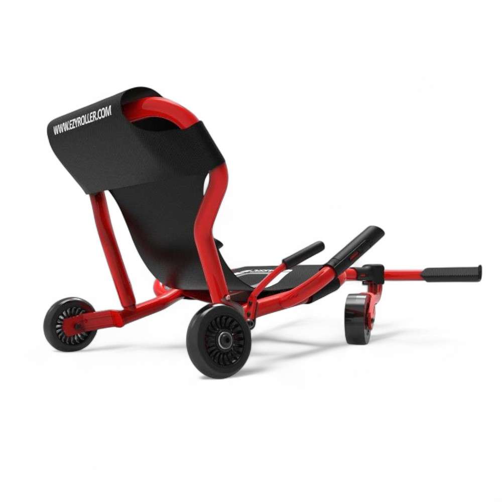 Ezyroller Classic X rouge, vue arrière du kart sans pédales avec châssis en acier et dossier en toile résistante.