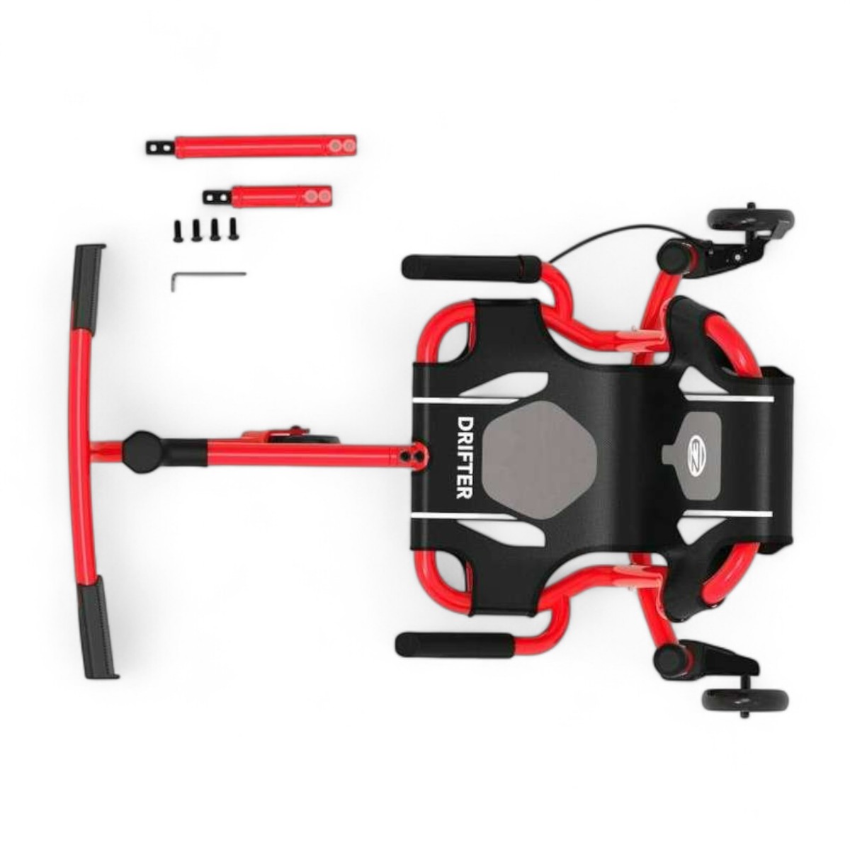 Vue de dessus du Ezyroller Drifter X rouge avec ses extensions, visserie et guidon démontés.