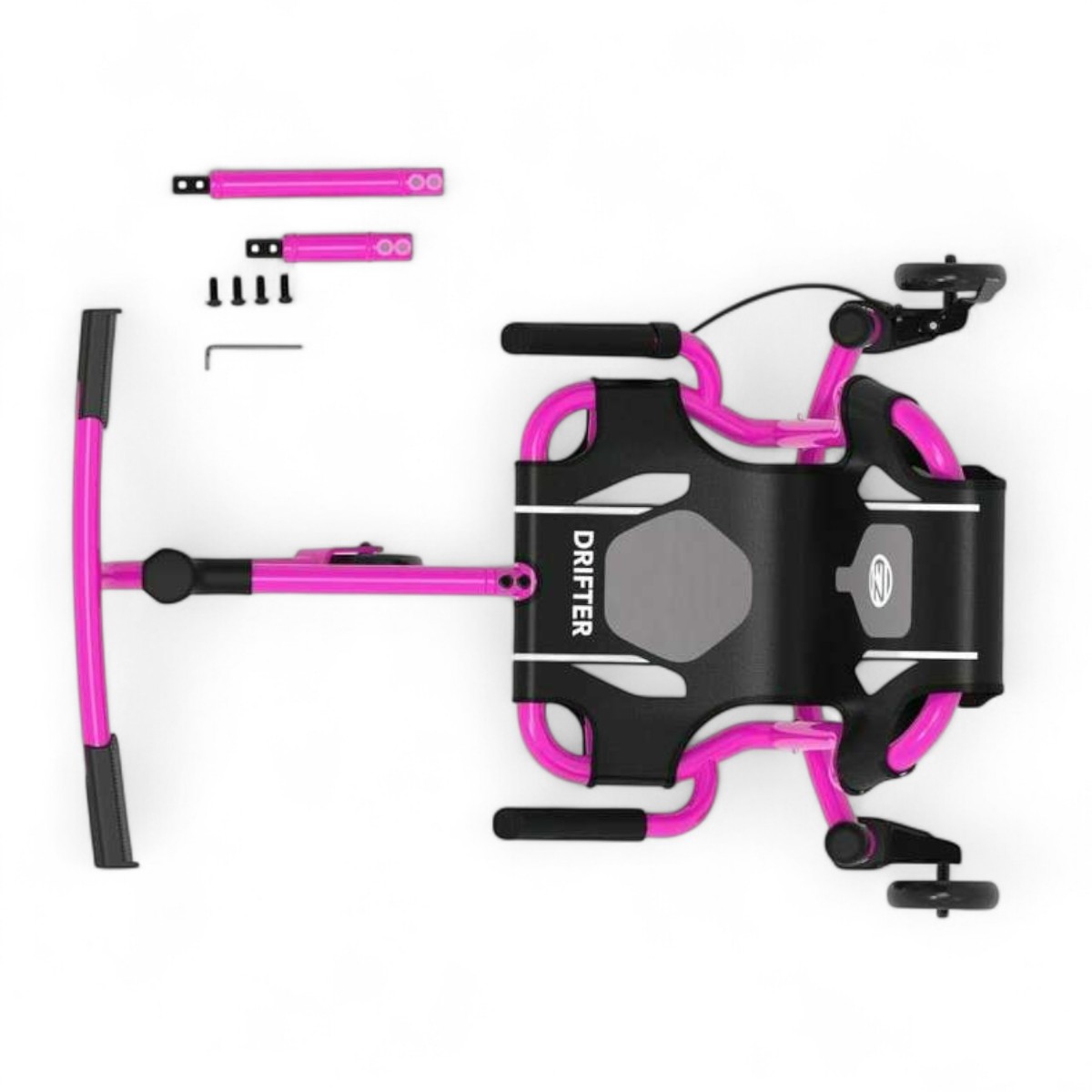 Vue de dessus du EzyRoller Drifter X Rose avec ses extensions ajustables fournies.