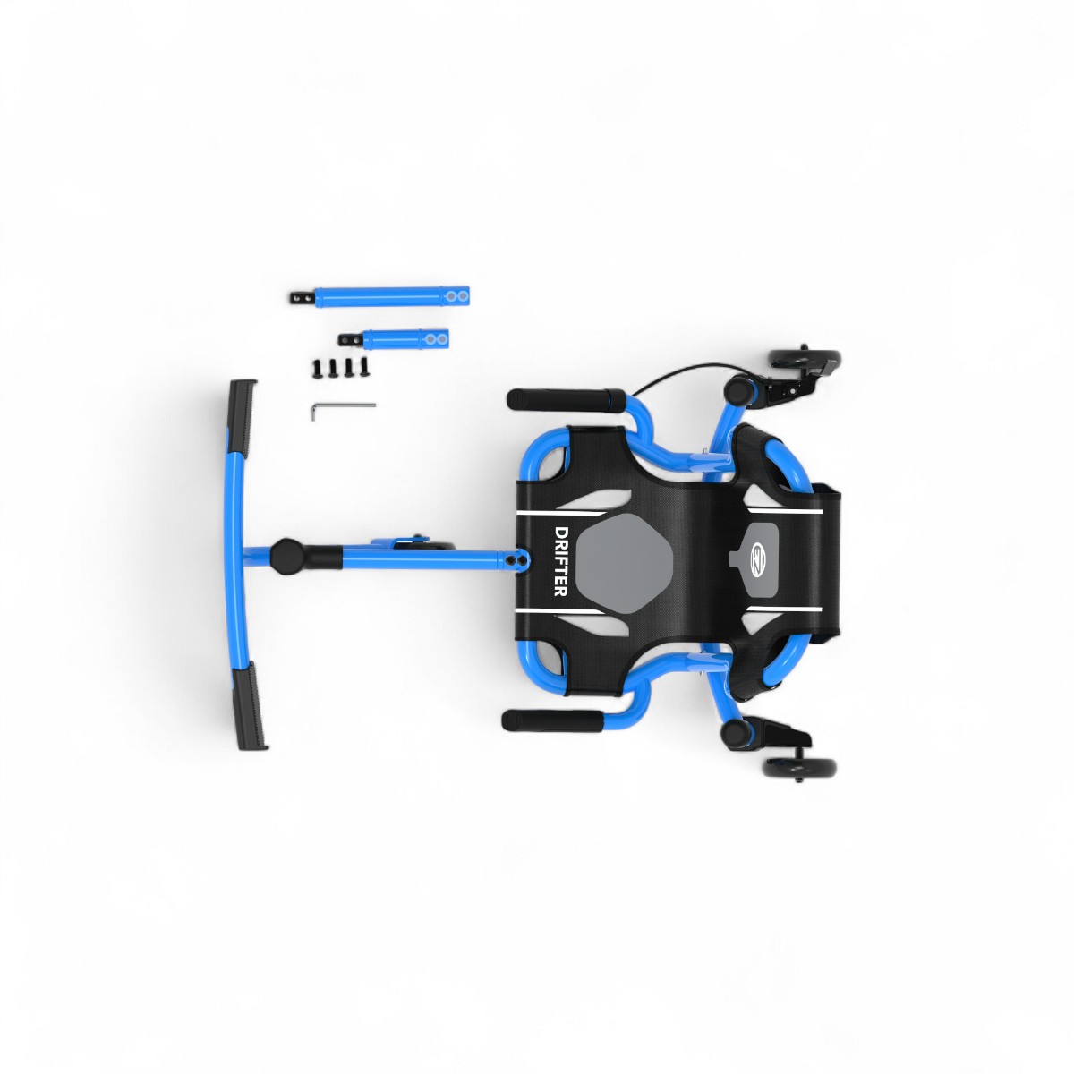 Vue du dessus du EzyRoller Drifter X bleu avec les extensions de cadre et les pièces fournies.