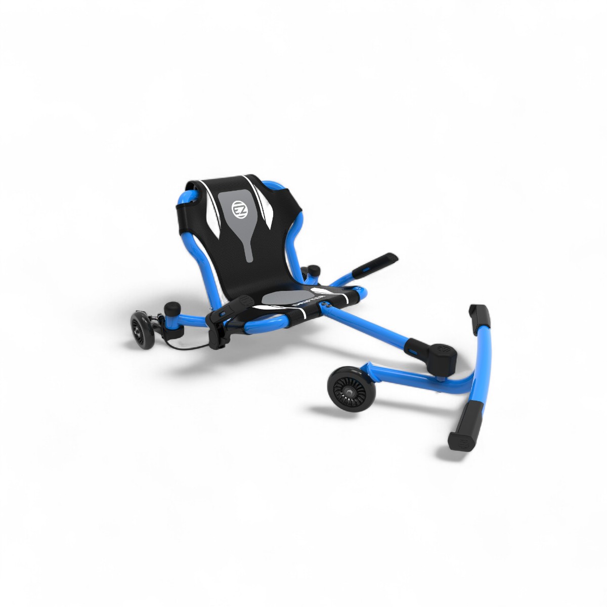 EzyRoller Drifter X bleu vu de trois quarts, avec son siège ergonomique et sa structure en acier.