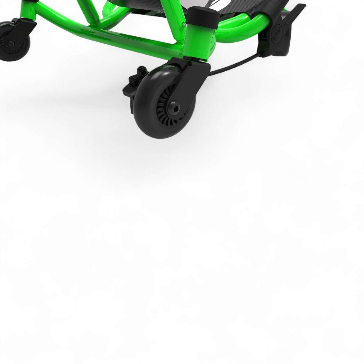 Gros plan sur la roue arrière pivotante du Spinner X vert, idéale pour tourner à 360°.