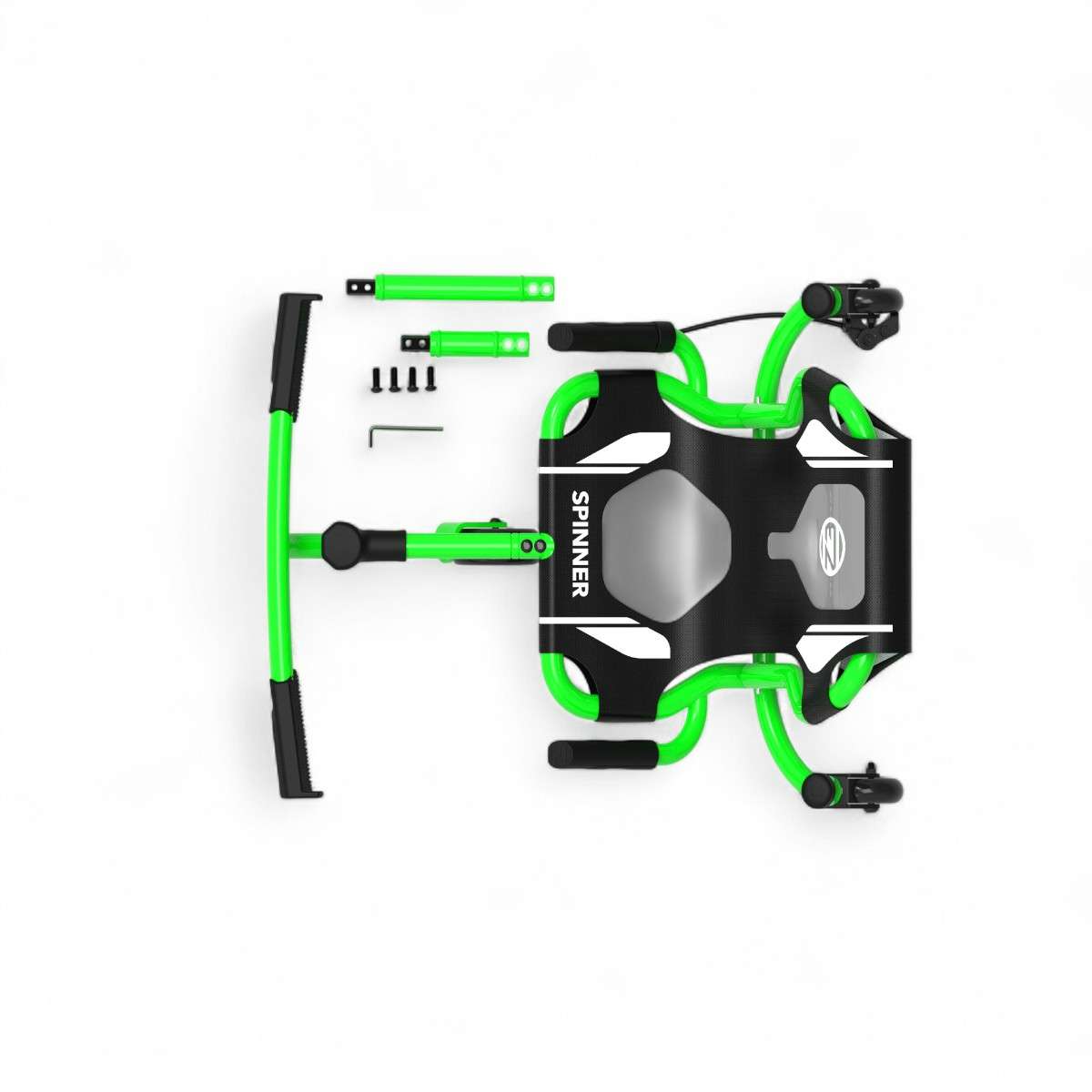 Vue de dessus du Spinner X vert avec les deux extensions fournies et les pièces de montage.