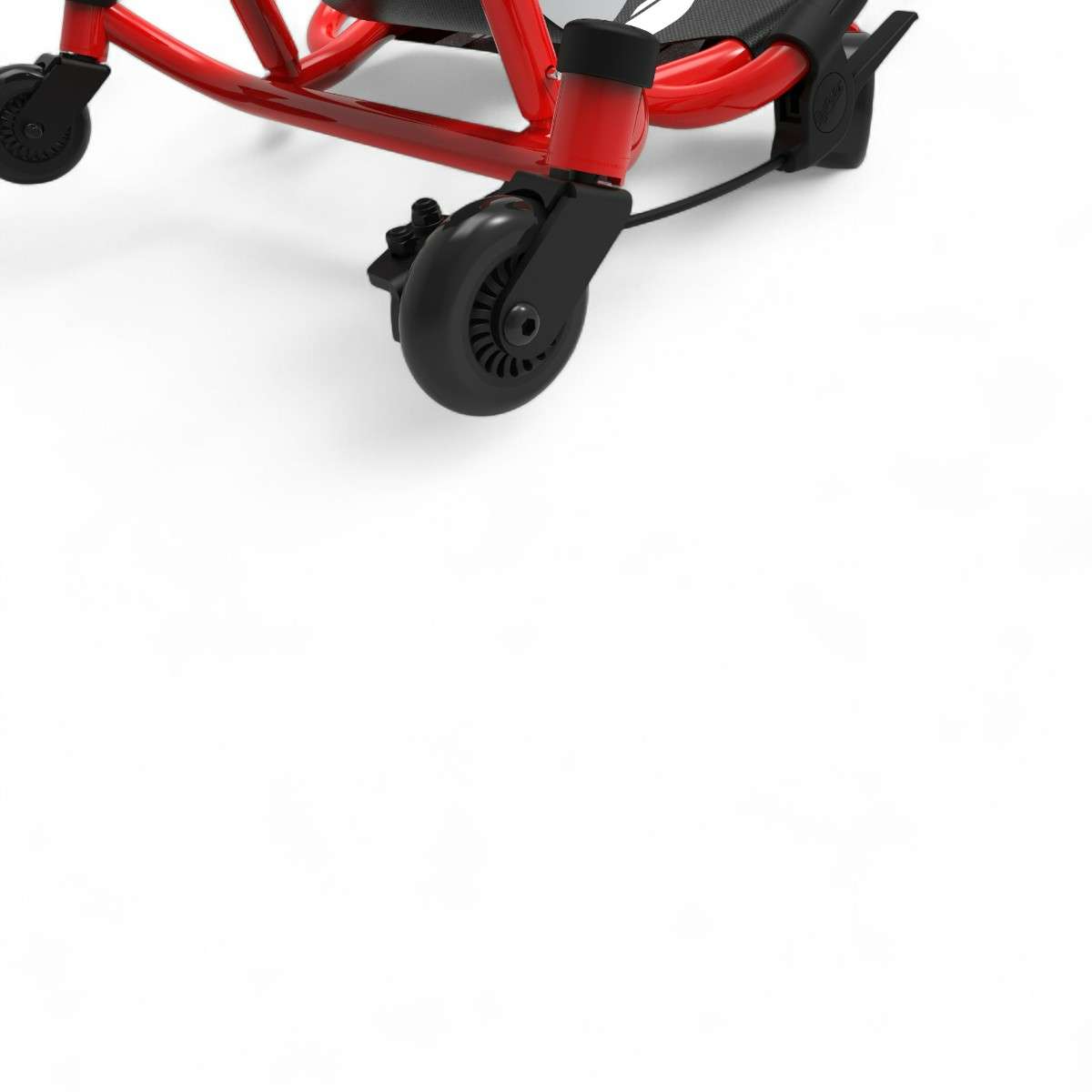 Gros plan sur la roue pivotante du Spinner X rouge avec frein intégré.