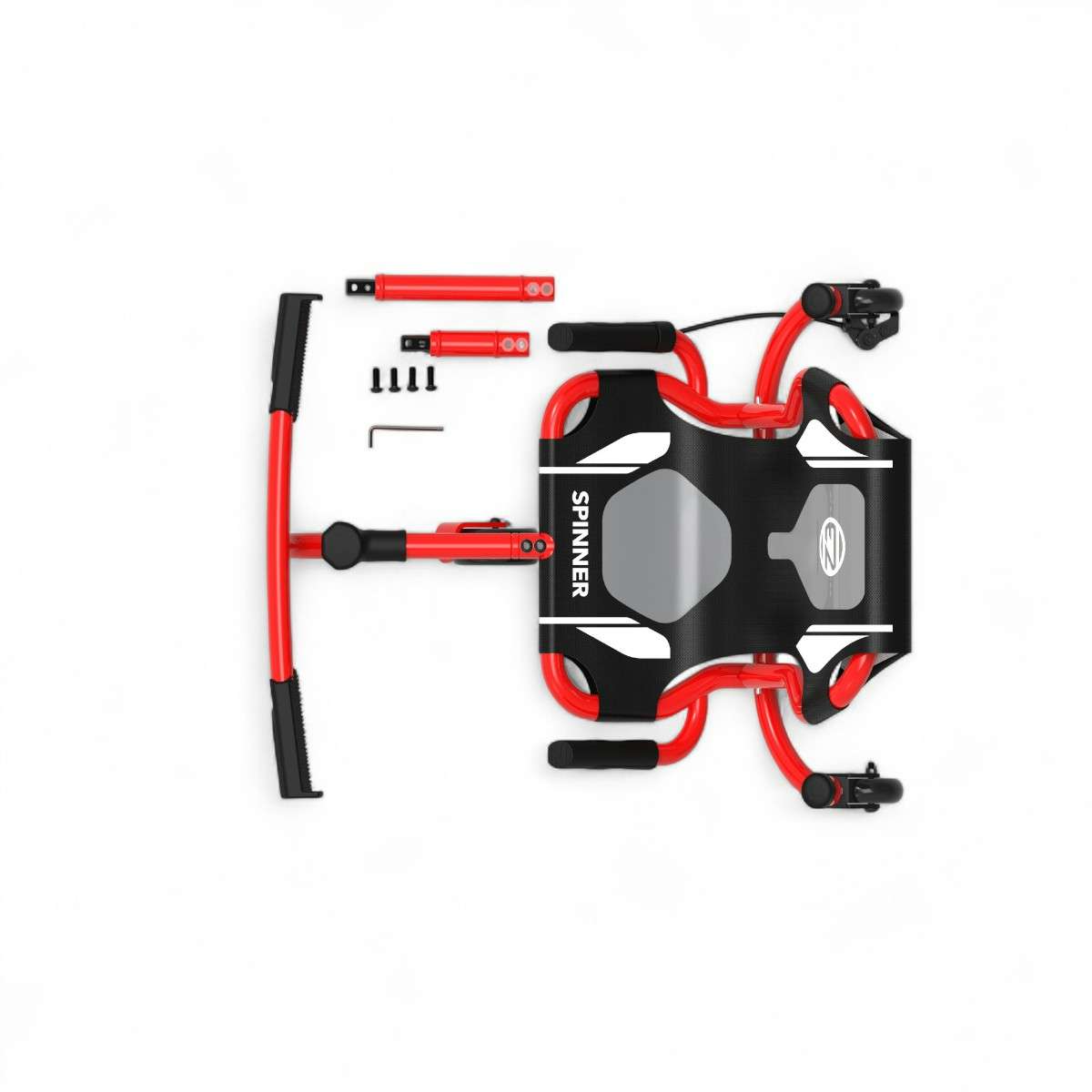 Vue de dessus du Spinner X rouge avec extensions, guidon et accessoires fournis.