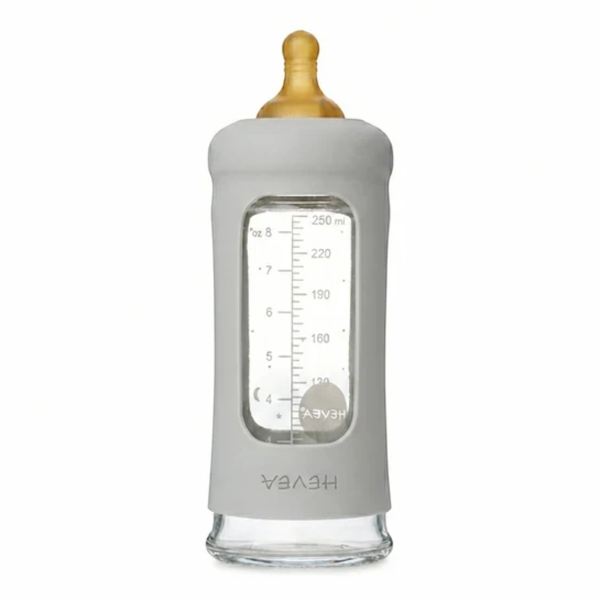 Biberon en verre borosilicaté Hevea 250 ml gorgeous grey avec tétine, bouchon et manchon en caoutchouc naturel
