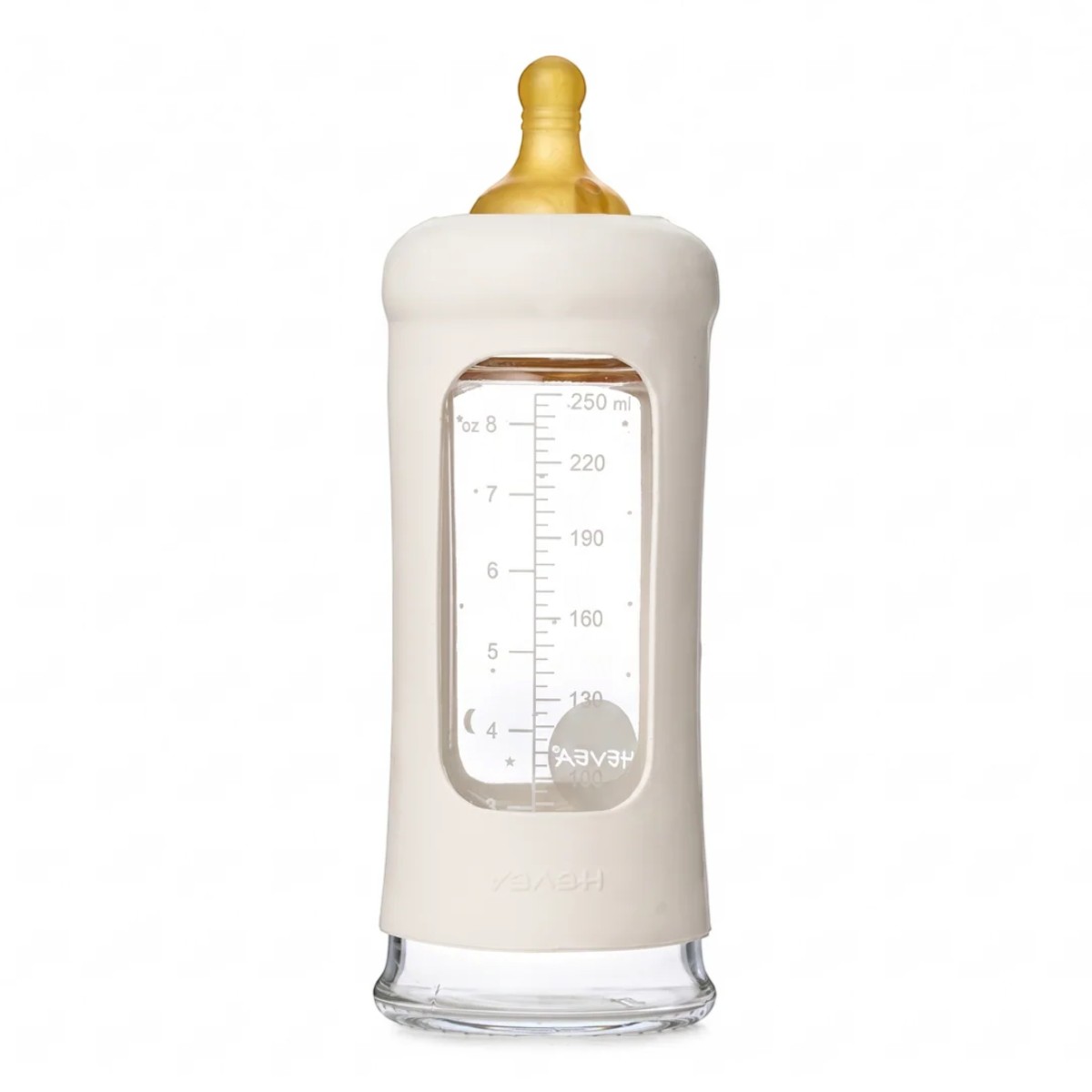 Biberon en verre borosilicaté Hevea 250 ml Ivoire avec tétine, bouchon et manchon en caoutchouc naturel
